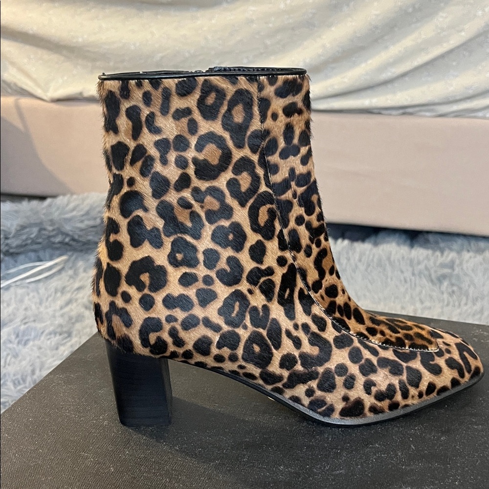 New, in box with dust bag, leather Leopard Print Ankle Boots